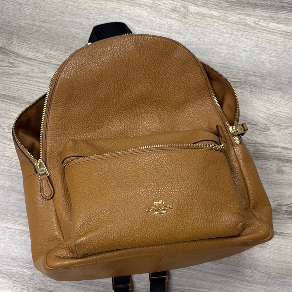 Coach Men's Pebbled Leather Backpack in Saddle Brown with Gold Hardware